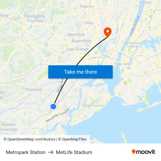 Metropark Station to MetLife Stadium map
