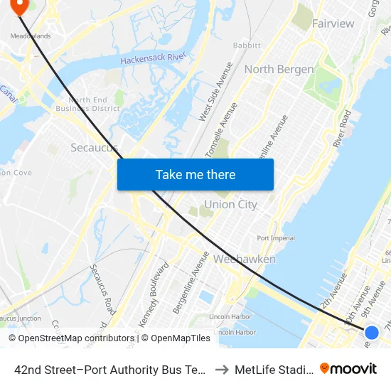 42nd Street–Port Authority Bus Terminal to MetLife Stadium map