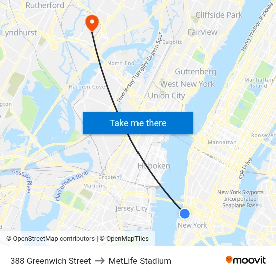 388 Greenwich Street to MetLife Stadium map