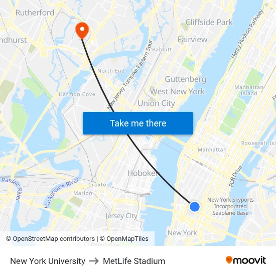 New York University to MetLife Stadium map