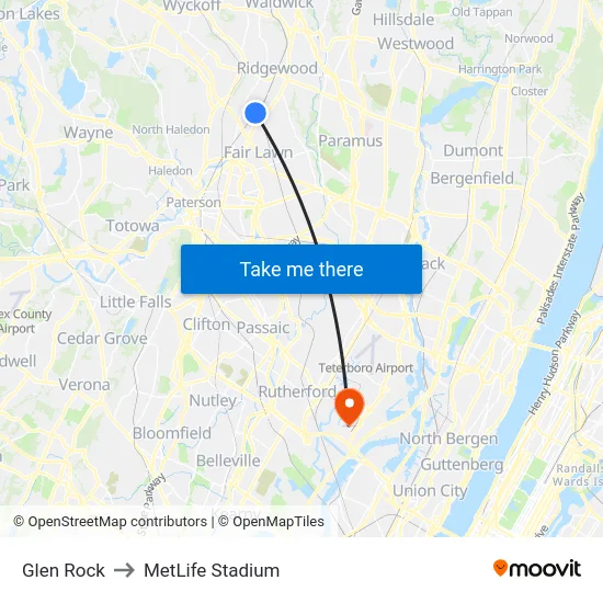 Glen Rock to MetLife Stadium map