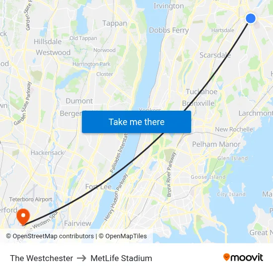 The Westchester to MetLife Stadium map