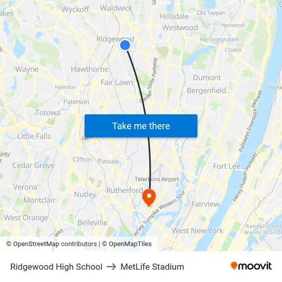 Ridgewood High School to MetLife Stadium map