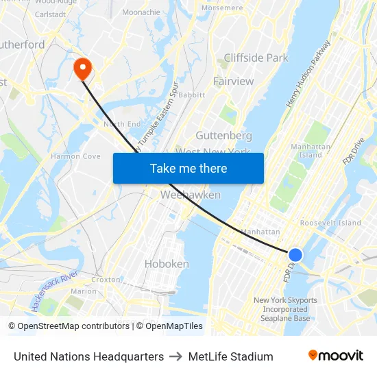 United Nations Headquarters to MetLife Stadium map
