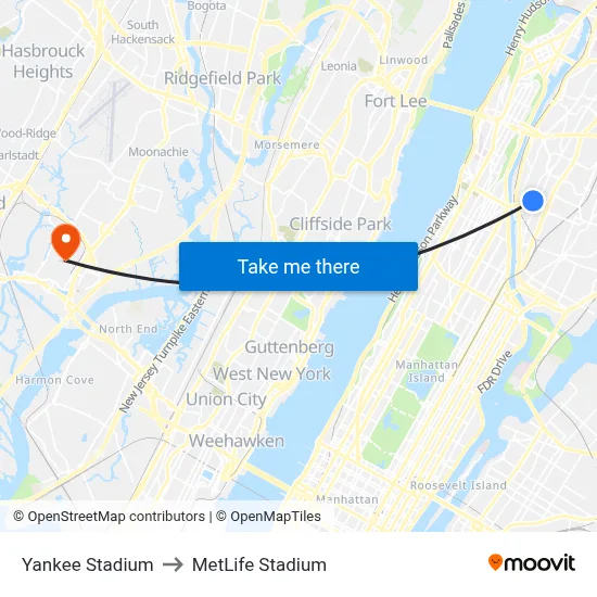 Yankee Stadium to MetLife Stadium map