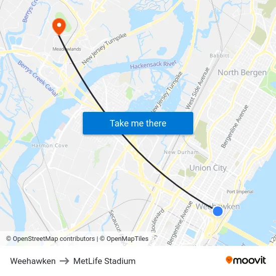 Weehawken to MetLife Stadium map