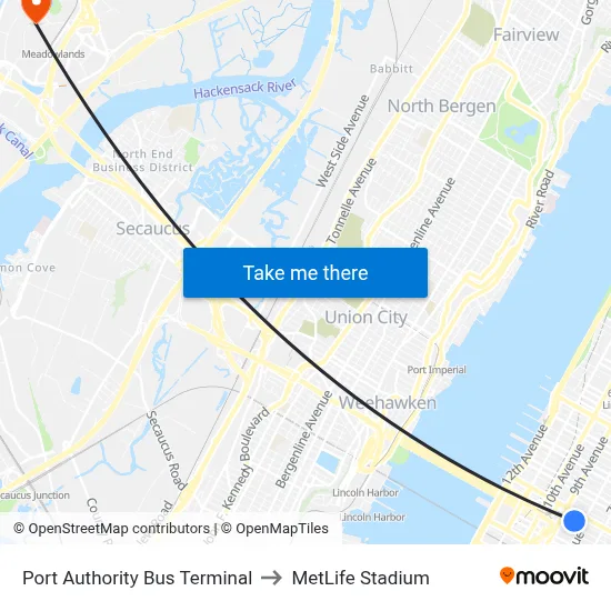 Port Authority Bus Terminal to MetLife Stadium map