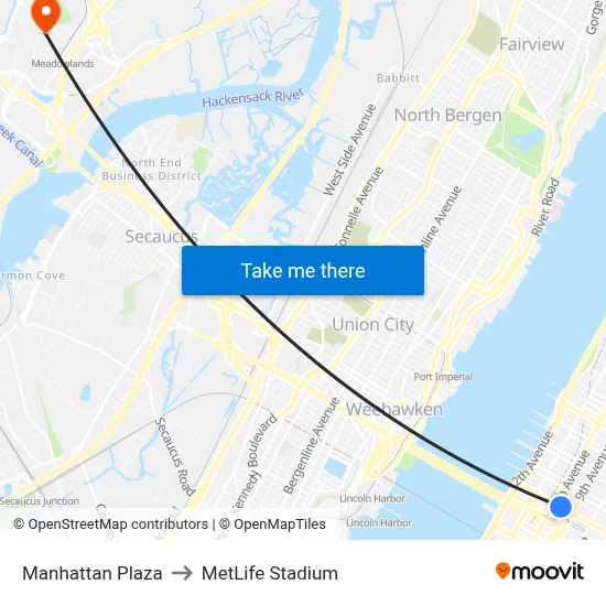 Manhattan Plaza to MetLife Stadium map