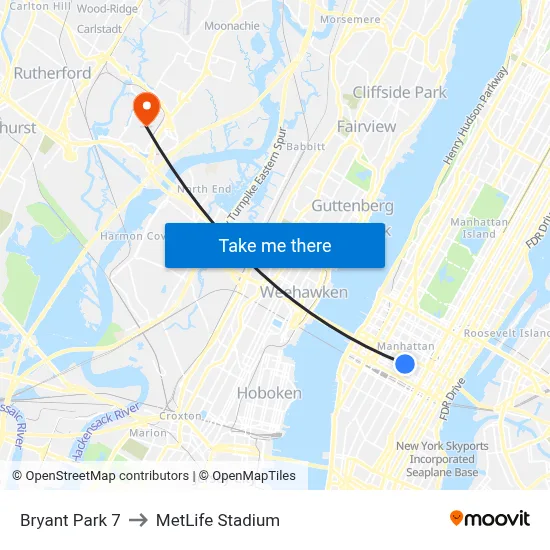 Bryant Park 7 to MetLife Stadium map
