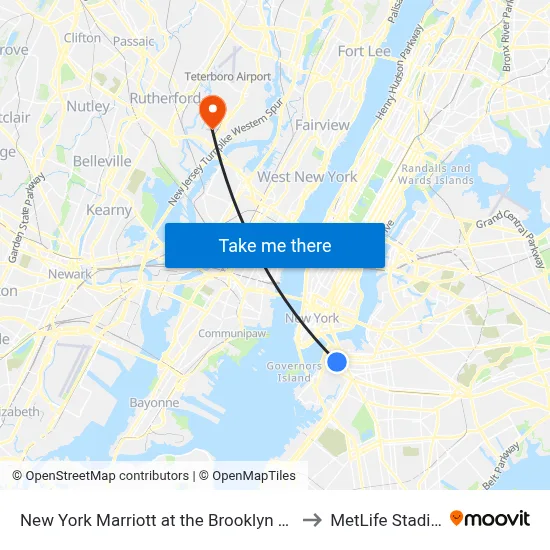 New York Marriott at the Brooklyn Bridge to MetLife Stadium map