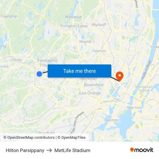 Hilton Parsippany to MetLife Stadium map
