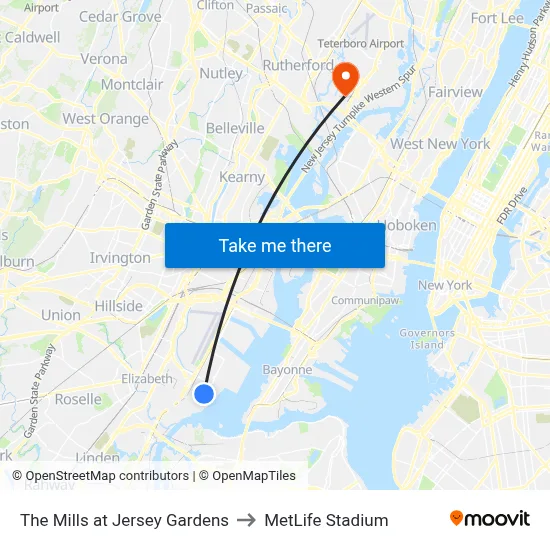 The Mills at Jersey Gardens to MetLife Stadium map