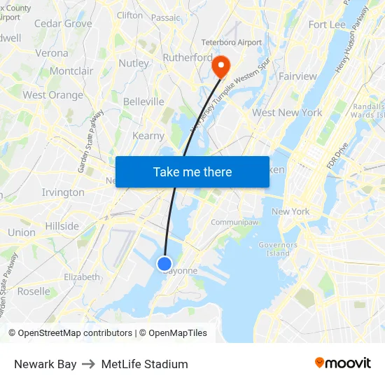 Newark Bay to MetLife Stadium map