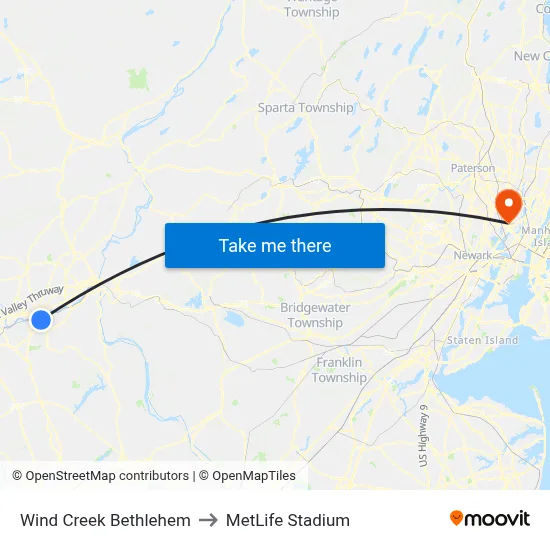 Wind Creek Bethlehem to MetLife Stadium map