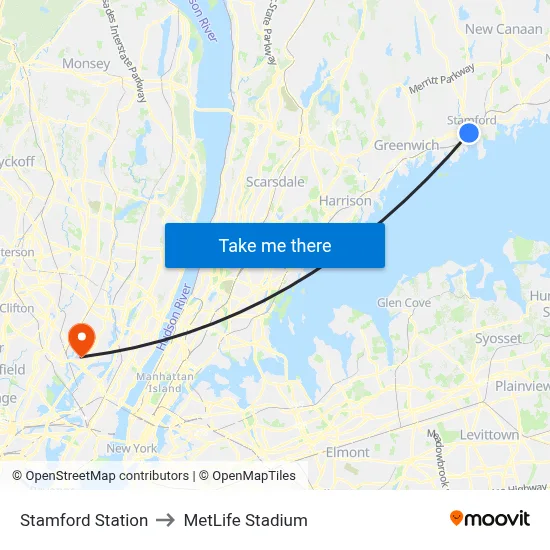 Stamford Station to MetLife Stadium map