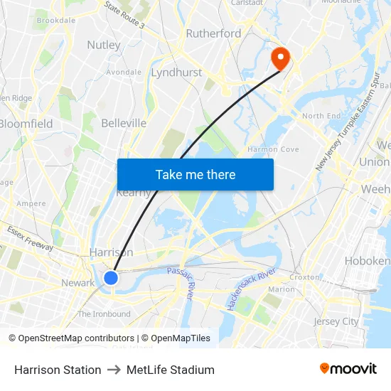 Harrison Station to MetLife Stadium map
