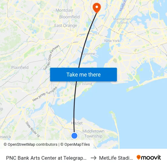 PNC Bank Arts Center at Telegraph Hill to MetLife Stadium map