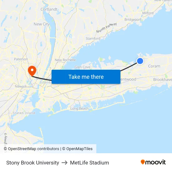 Stony Brook University to MetLife Stadium map