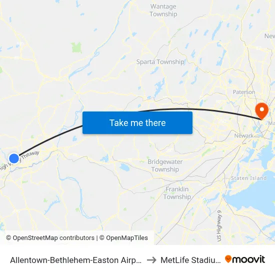 Allentown-Bethlehem-Easton Airport to MetLife Stadium map