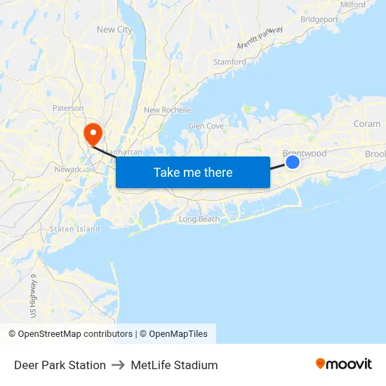 Deer Park Station to MetLife Stadium map