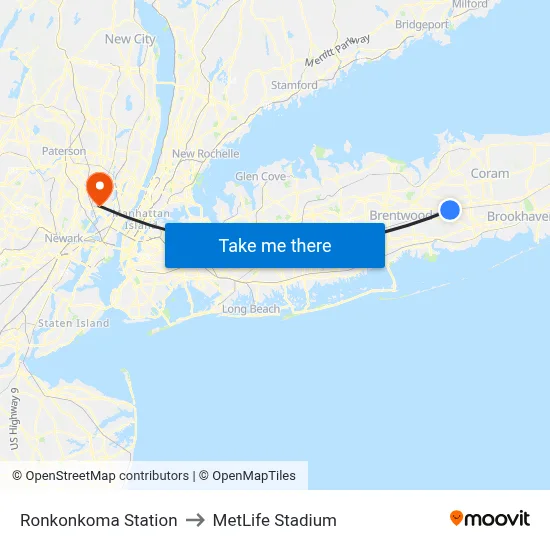 Ronkonkoma Station to MetLife Stadium map