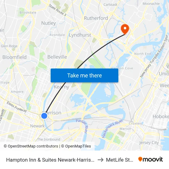 Hampton Inn & Suites Newark-Harrison-Riverwalk to MetLife Stadium map