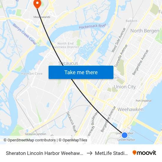 Sheraton Lincoln Harbor Weehawken to MetLife Stadium map