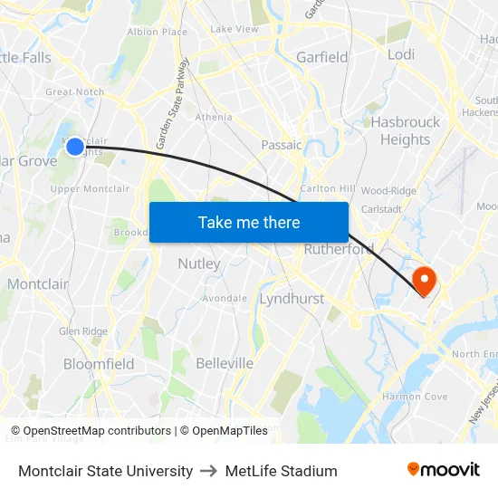 Montclair State University to MetLife Stadium map