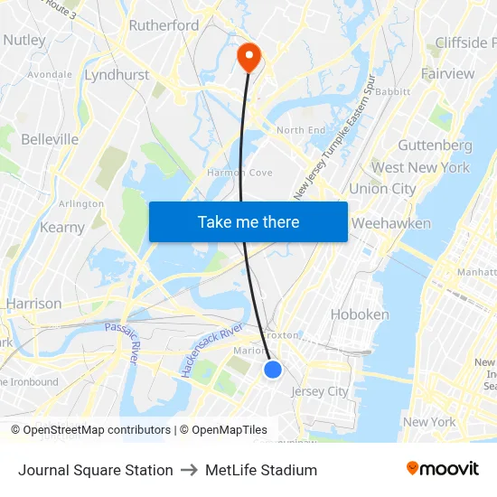 Journal Square Station to MetLife Stadium map