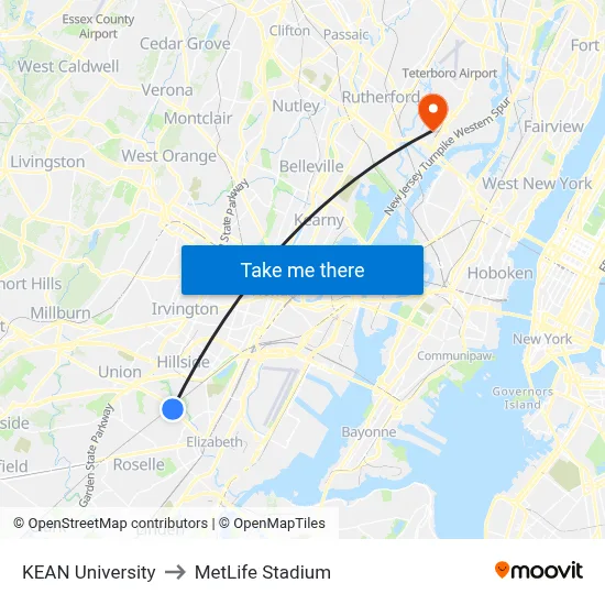 KEAN University to MetLife Stadium map