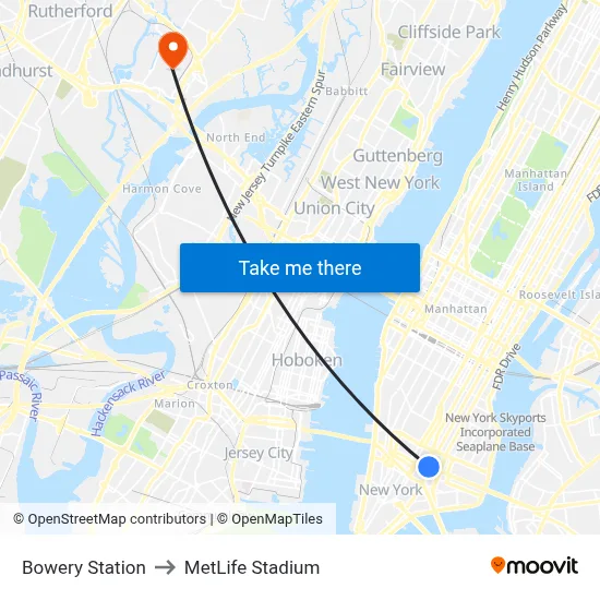 Bowery Station to MetLife Stadium map