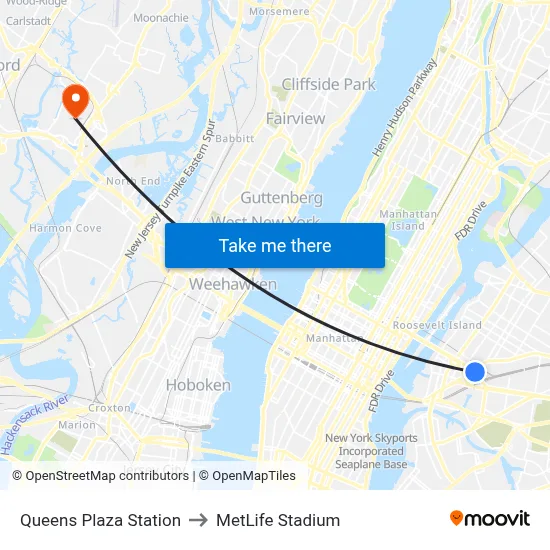 Queens Plaza Station to MetLife Stadium map