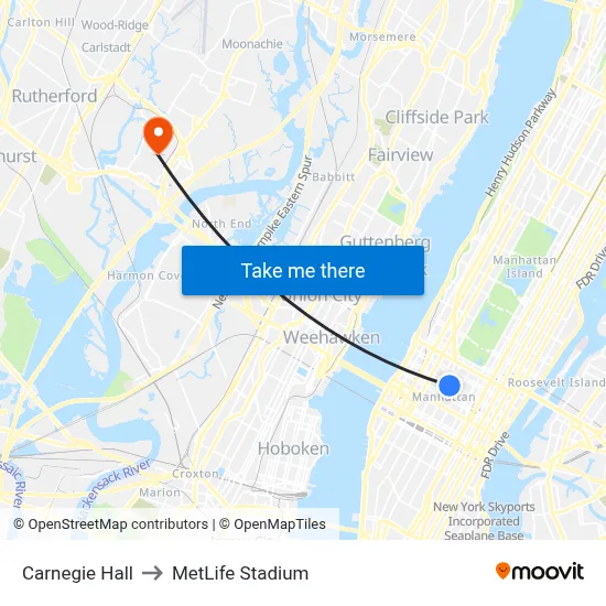Carnegie Hall to MetLife Stadium map