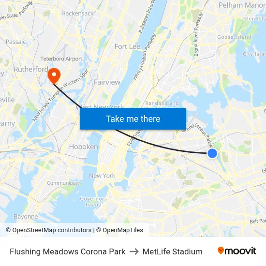 Flushing Meadows Corona Park to MetLife Stadium map