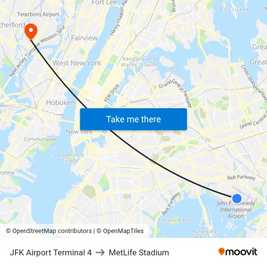 JFK Airport Terminal 4 to MetLife Stadium map