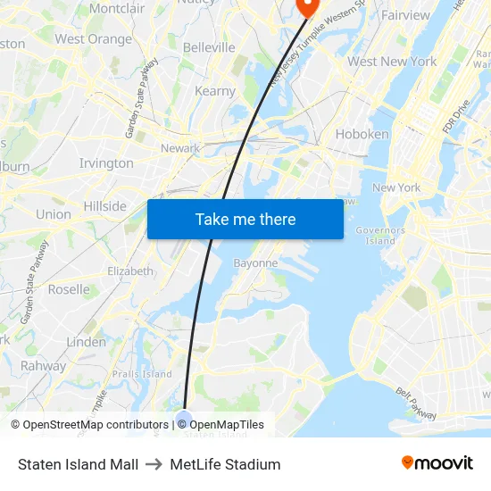 Staten Island Mall to MetLife Stadium map