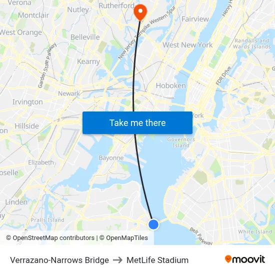 Verrazano-Narrows Bridge, Verrazano-Narrows Bridge, Brooklyn, NY, USA to MetLife Stadium map
