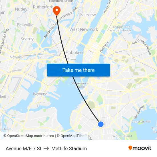 Avenue M/E 7 St to MetLife Stadium map