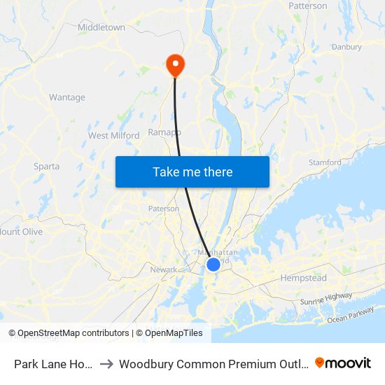 Park Lane Hotel to Woodbury Common Premium Outlets map