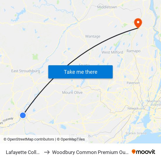 Lafayette College to Woodbury Common Premium Outlets map