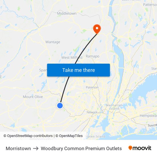 Morristown to Woodbury Common Premium Outlets map