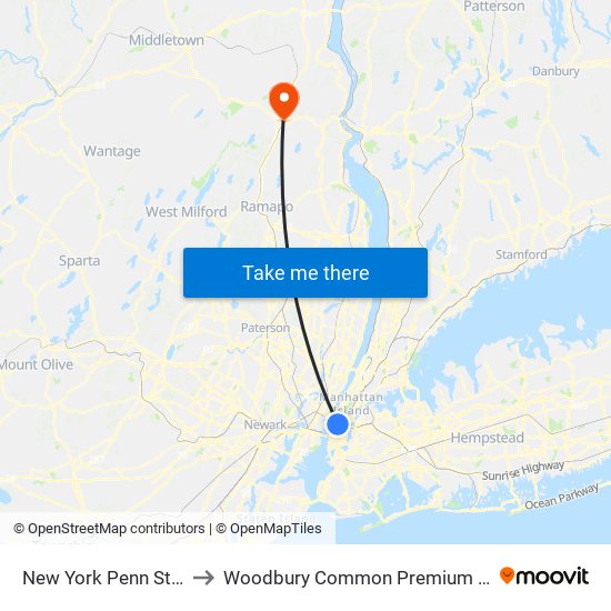 New York Penn Station to Woodbury Common Premium Outlets map