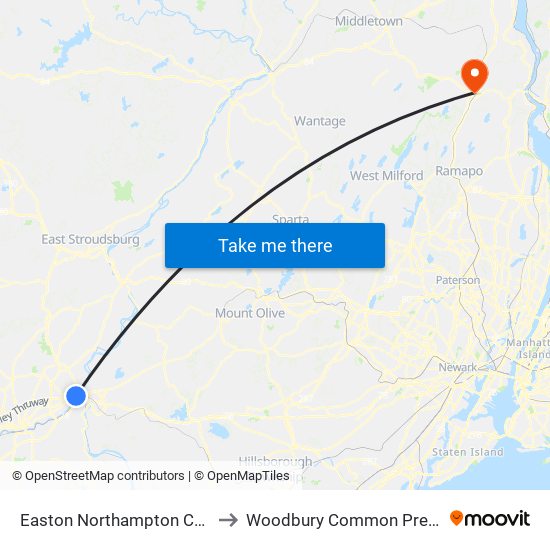 Easton Northampton County PA USA to Woodbury Common Premium Outlets map