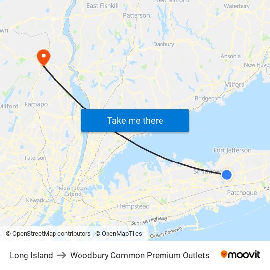 Long Island to Woodbury Common Premium Outlets map
