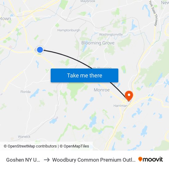 Goshen NY USA to Woodbury Common Premium Outlets map