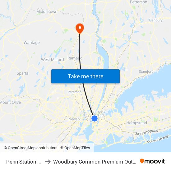Penn Station NY to Woodbury Common Premium Outlets map