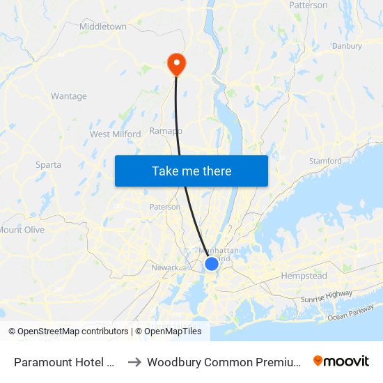 Paramount Hotel NY USA to Woodbury Common Premium Outlets map