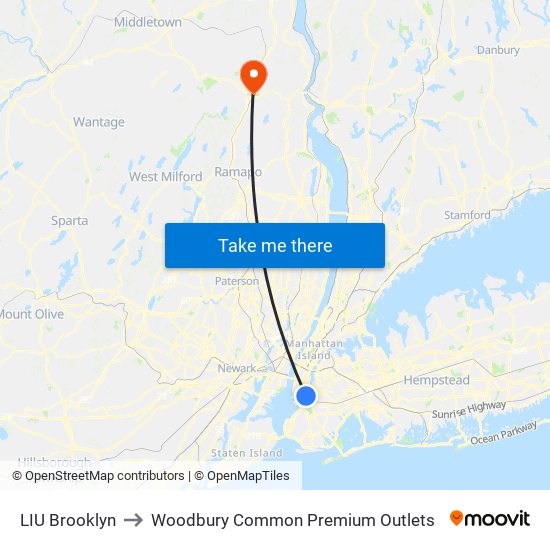 LIU Brooklyn to Woodbury Common Premium Outlets map