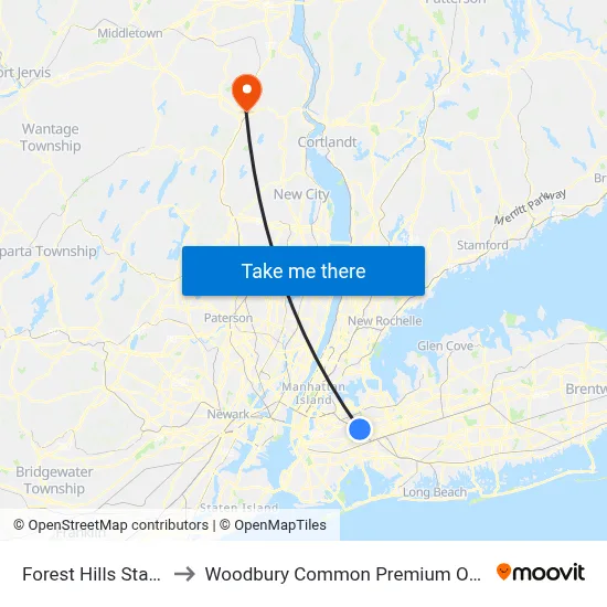 Forest Hills Station to Woodbury Common Premium Outlets map