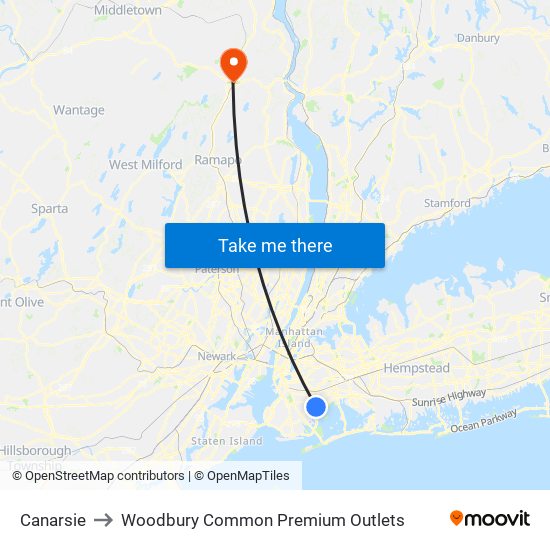 Canarsie to Woodbury Common Premium Outlets map